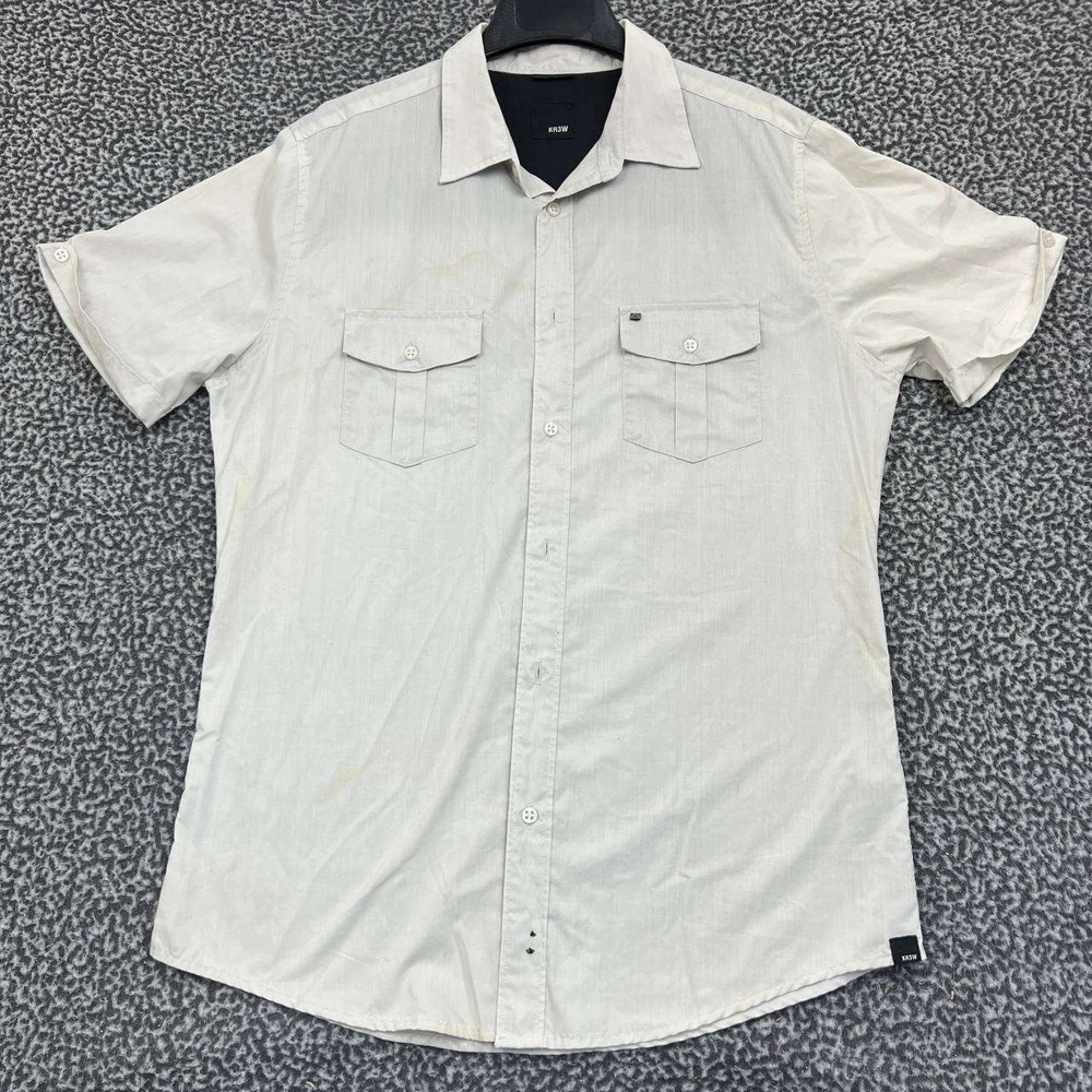Kr3w Shirt Men Large Gray Button Up Short‎ Sleeve Pocket Collared L